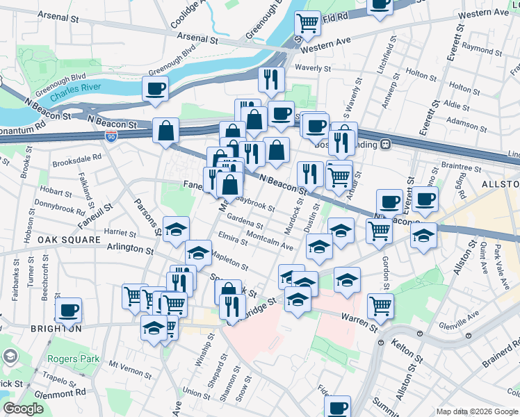 map of restaurants, bars, coffee shops, grocery stores, and more near in Boston