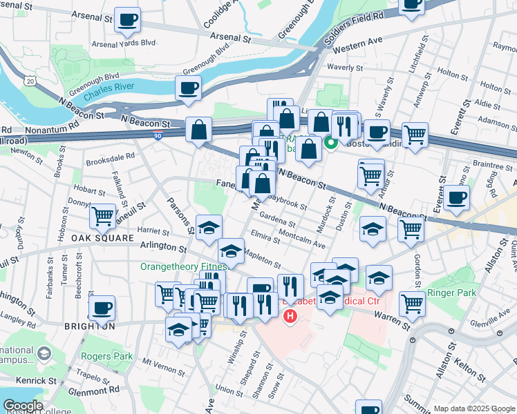 map of restaurants, bars, coffee shops, grocery stores, and more near 14-16 Gardena Street in Boston