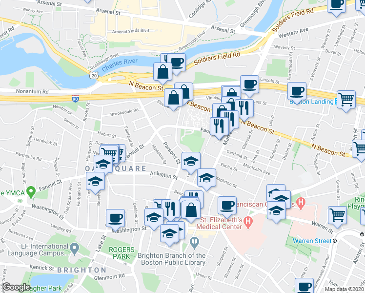 map of restaurants, bars, coffee shops, grocery stores, and more near 93 Goodenough Street in Boston