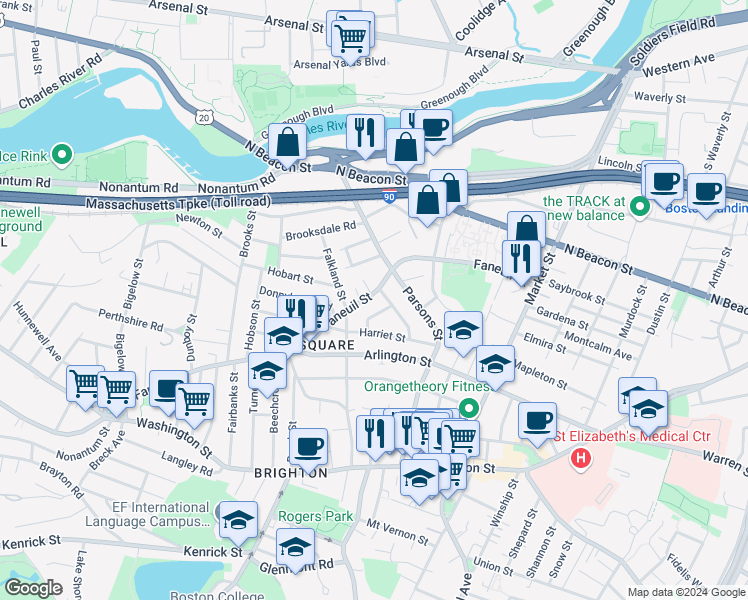 map of restaurants, bars, coffee shops, grocery stores, and more near 16 Duncklee Street in Boston
