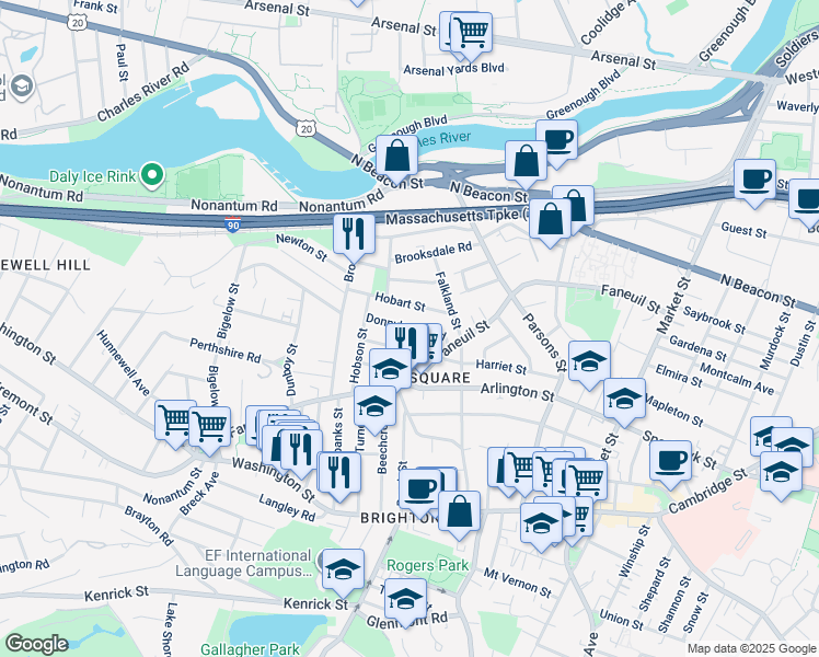 map of restaurants, bars, coffee shops, grocery stores, and more near 17 Newcastle Road in Boston