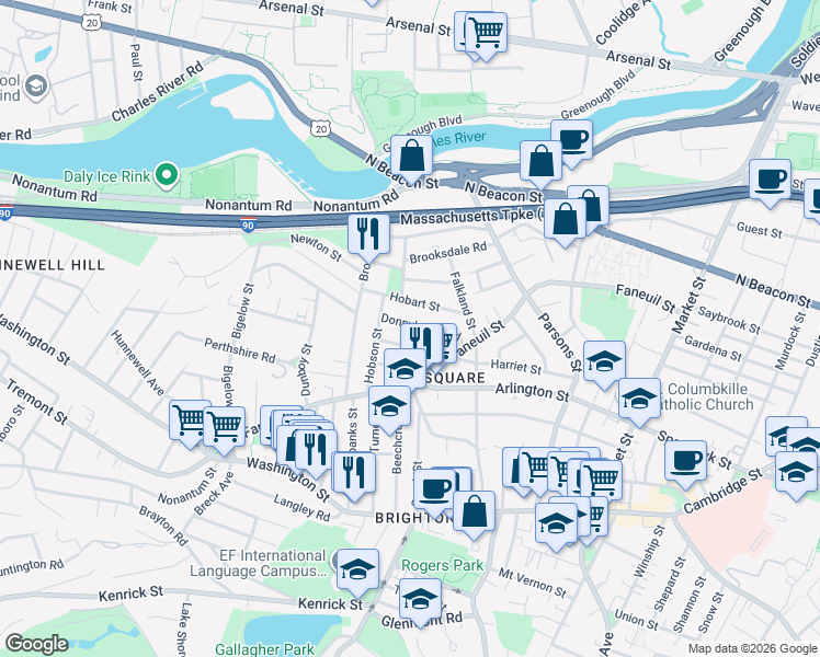 map of restaurants, bars, coffee shops, grocery stores, and more near 17 Newcastle Road in Boston