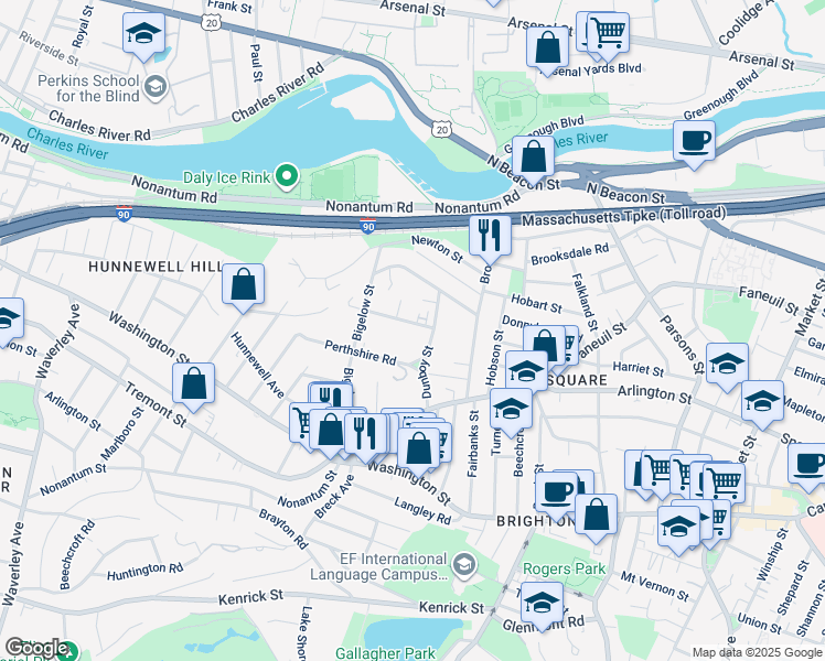 map of restaurants, bars, coffee shops, grocery stores, and more near 15-17 Perthshire Road in Boston