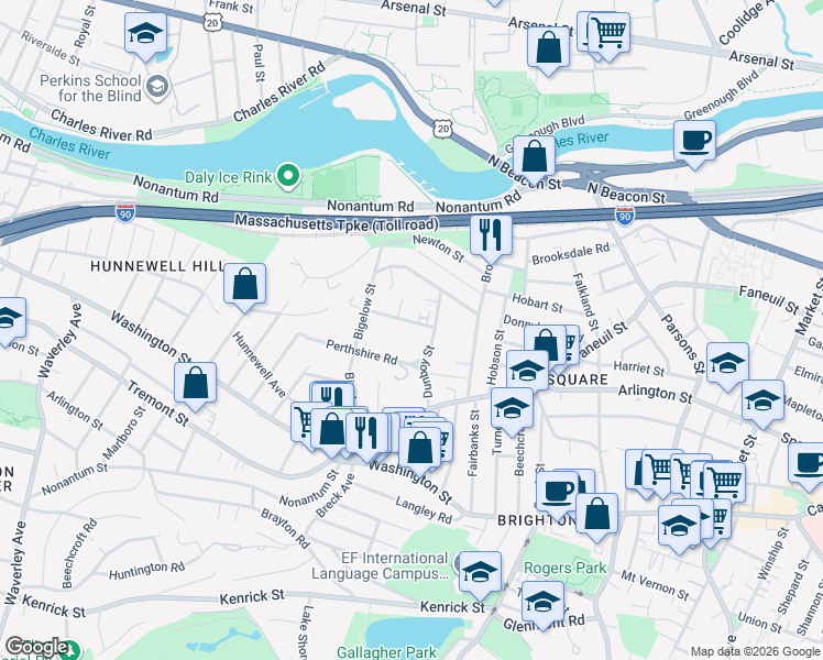 map of restaurants, bars, coffee shops, grocery stores, and more near 15-17 Perthshire Road in Boston