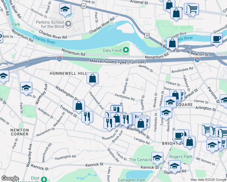 map of restaurants, bars, coffee shops, grocery stores, and more near 82 Perthshire Road in Boston