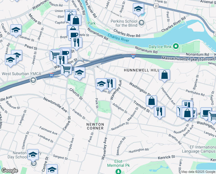 map of restaurants, bars, coffee shops, grocery stores, and more near 4 Vernon Street in Newton