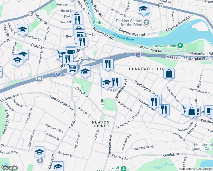 map of restaurants, bars, coffee shops, grocery stores, and more near 4 Vernon Street in Newton