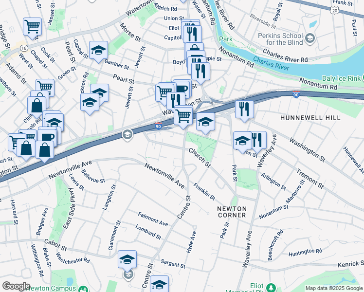 map of restaurants, bars, coffee shops, grocery stores, and more near 176 Church Street in Newton