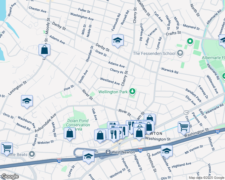 map of restaurants, bars, coffee shops, grocery stores, and more near 50 Alden Place in Newton
