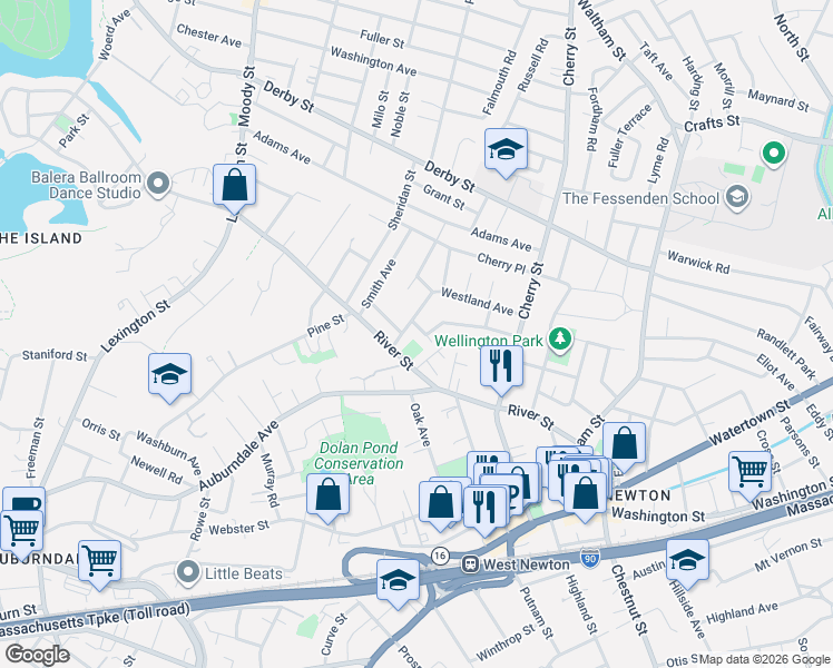 map of restaurants, bars, coffee shops, grocery stores, and more near 19 Alden Place in Newton