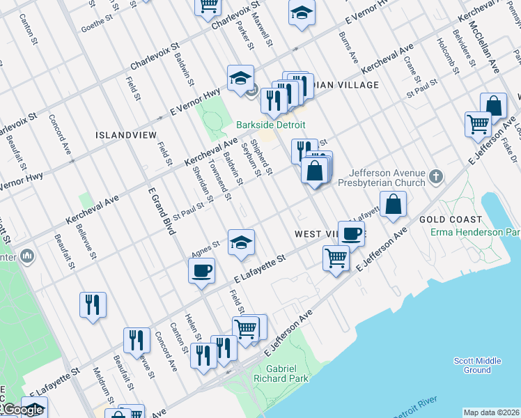 map of restaurants, bars, coffee shops, grocery stores, and more near 1421 Baldwin Street in Detroit