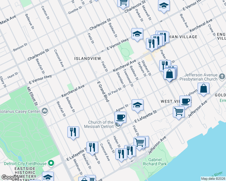 map of restaurants, bars, coffee shops, grocery stores, and more near 7227 Saint Paul Street in Detroit