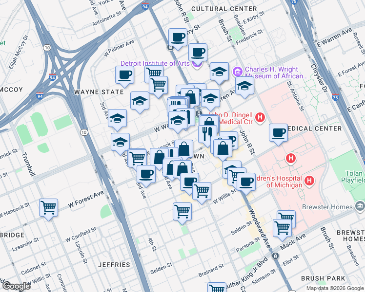 map of restaurants, bars, coffee shops, grocery stores, and more near in Detroit