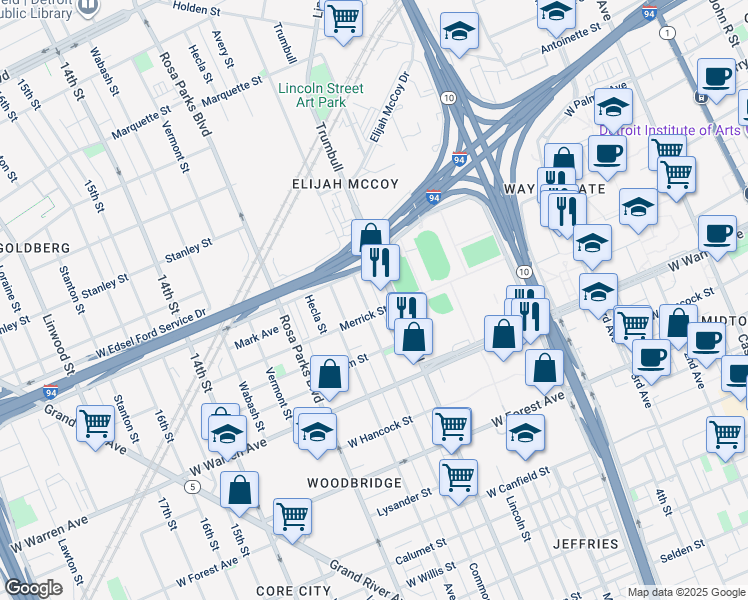 map of restaurants, bars, coffee shops, grocery stores, and more near 1541 Merrick Street in Detroit