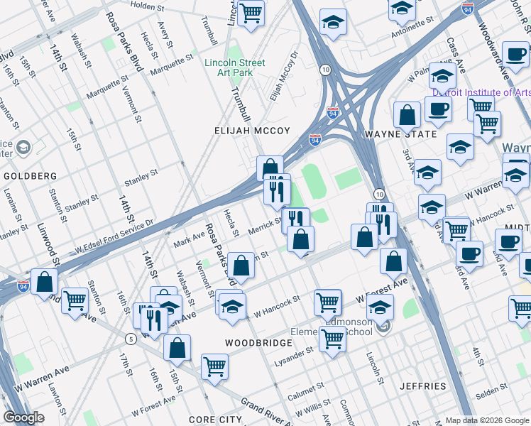 map of restaurants, bars, coffee shops, grocery stores, and more near 5220 Avery Street in Detroit