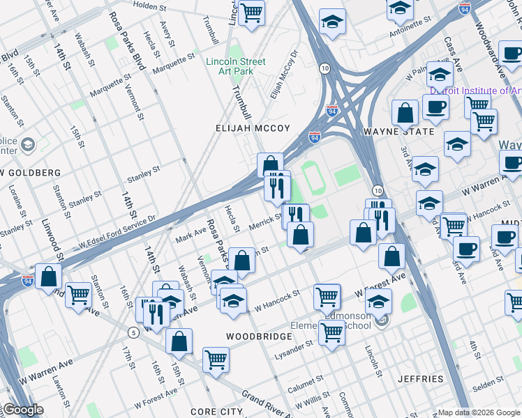 map of restaurants, bars, coffee shops, grocery stores, and more near 5220 Avery Street in Detroit