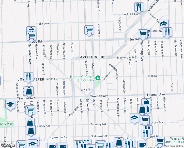 map of restaurants, bars, coffee shops, grocery stores, and more near 8202 Manor in Detroit