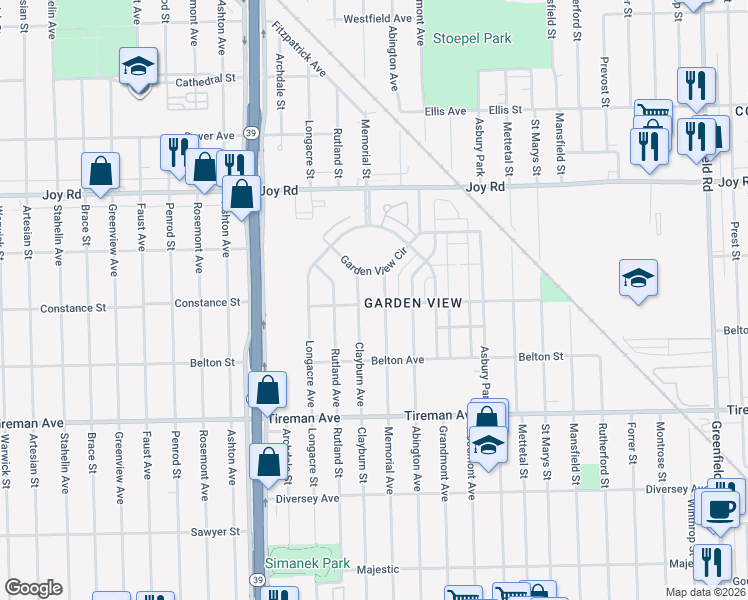 map of restaurants, bars, coffee shops, grocery stores, and more near 18401 Woodmont Avenue in Detroit