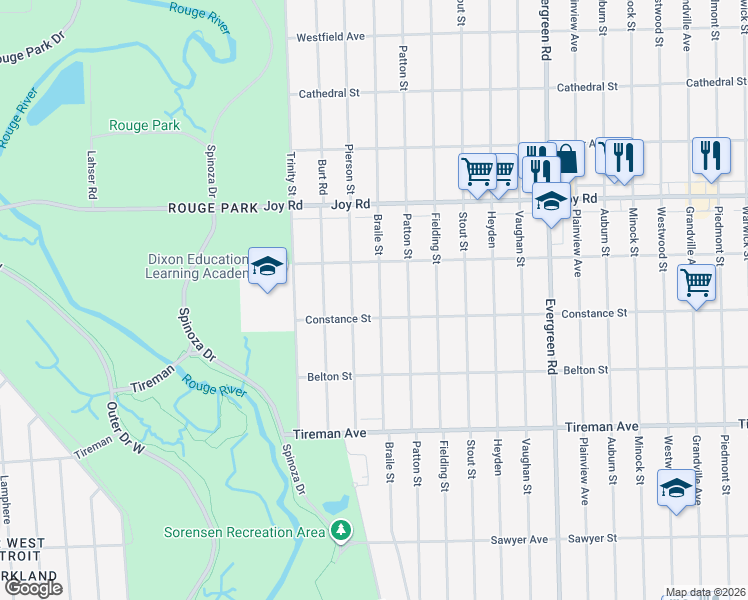map of restaurants, bars, coffee shops, grocery stores, and more near 8410 Pierson Street in Detroit