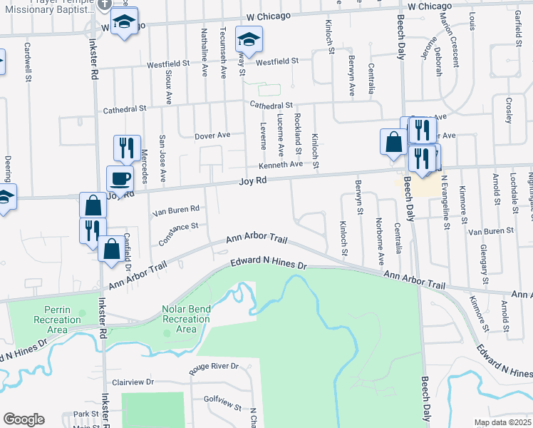 map of restaurants, bars, coffee shops, grocery stores, and more near 26600 Ann Arbor Trail in Dearborn Heights