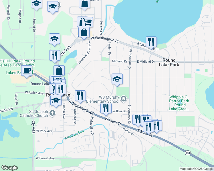map of restaurants, bars, coffee shops, grocery stores, and more near 136 Dartmoor Drive in Round Lake Park