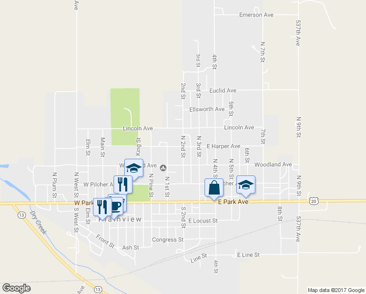 map of restaurants, bars, coffee shops, grocery stores, and more near North 2nd Street in Plainview