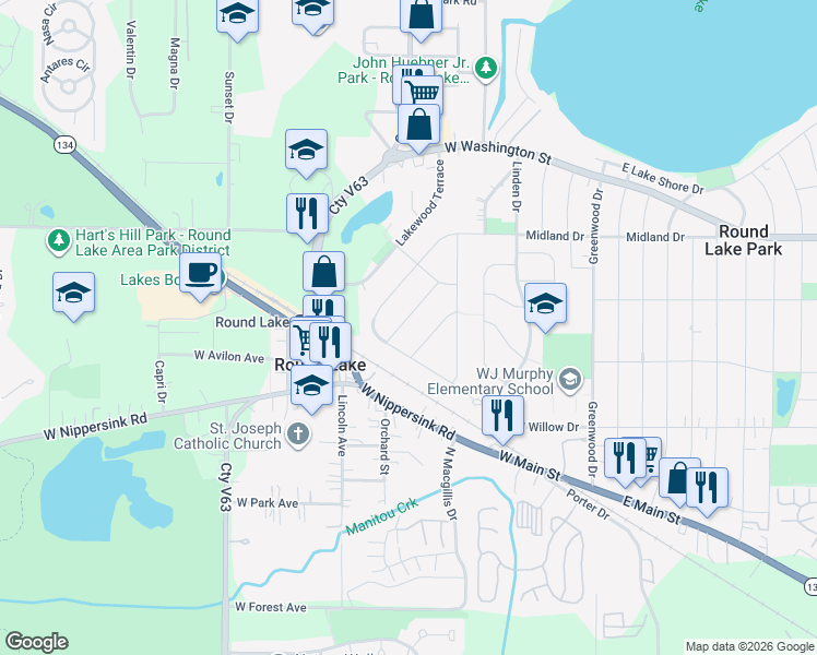 map of restaurants, bars, coffee shops, grocery stores, and more near 317 West Pineview Drive in Round Lake