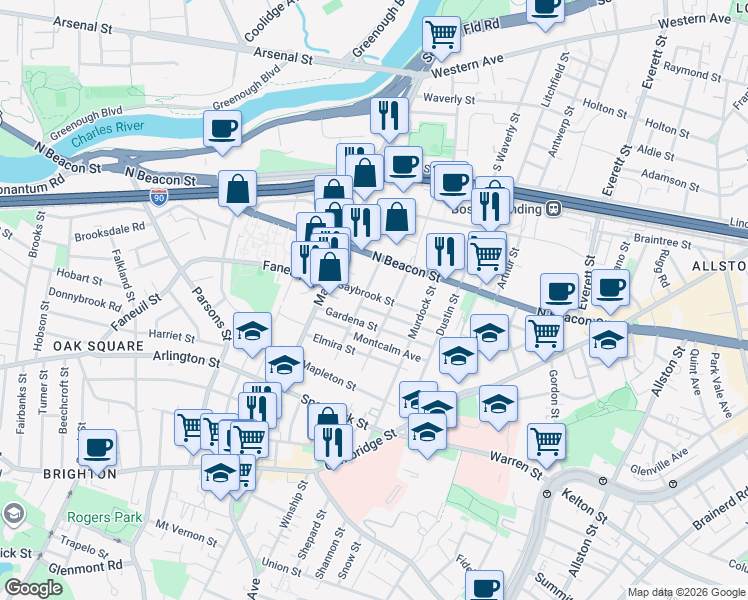 map of restaurants, bars, coffee shops, grocery stores, and more near in Boston
