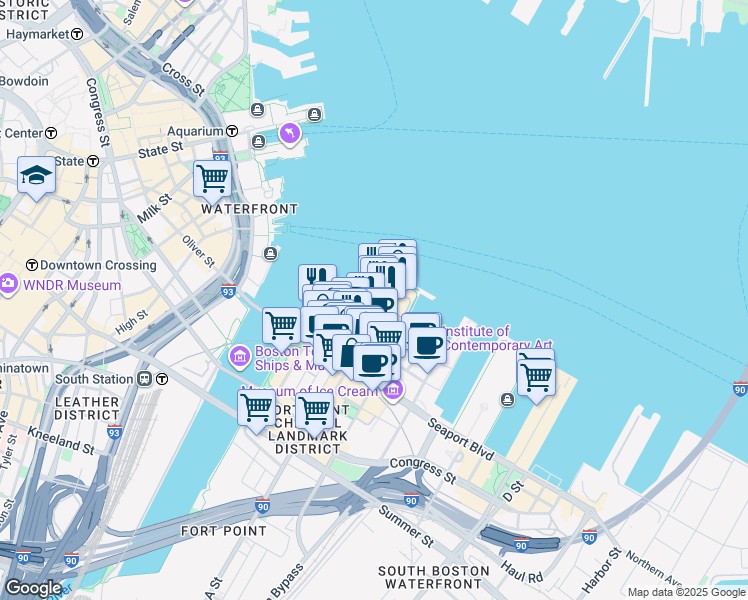 map of restaurants, bars, coffee shops, grocery stores, and more near 50 Liberty Drive in Boston