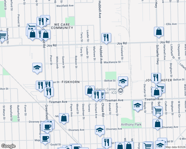map of restaurants, bars, coffee shops, grocery stores, and more near 8255 Marlowe Street in Detroit