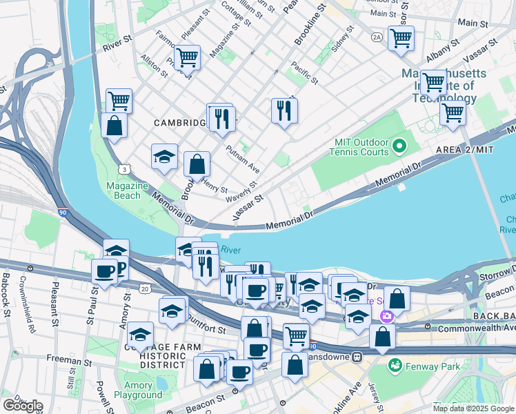 map of restaurants, bars, coffee shops, grocery stores, and more near 575 Memorial Drive in Cambridge