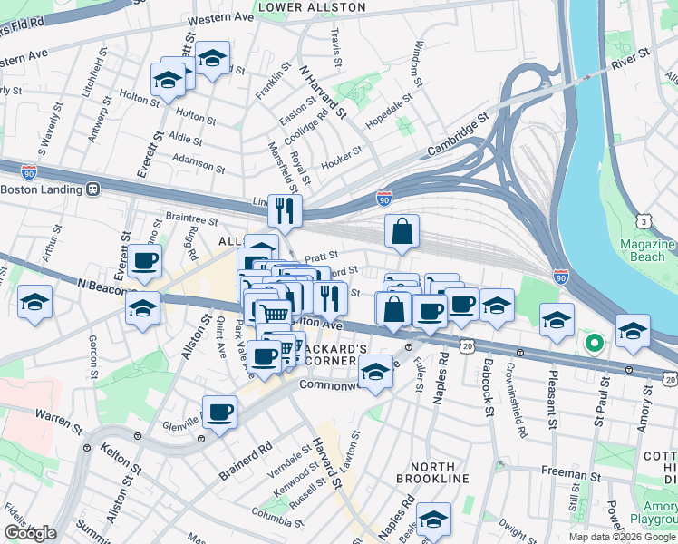 map of restaurants, bars, coffee shops, grocery stores, and more near 20 Ashford Street in ALLSTON