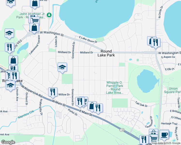 map of restaurants, bars, coffee shops, grocery stores, and more near 317 Clifton Drive in Round Lake Park