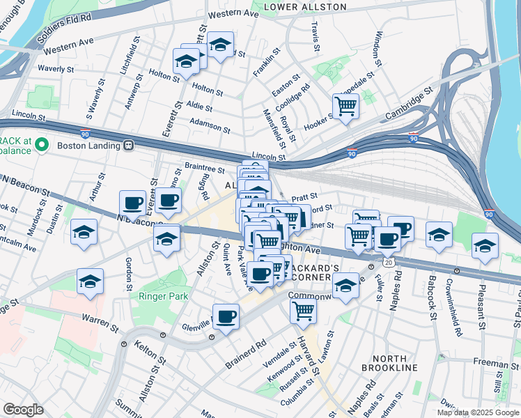 map of restaurants, bars, coffee shops, grocery stores, and more near 9 Farrington Avenue in Boston
