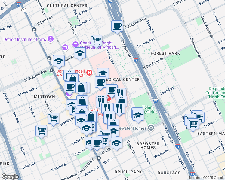 map of restaurants, bars, coffee shops, grocery stores, and more near 540 East Canfield Street in Detroit