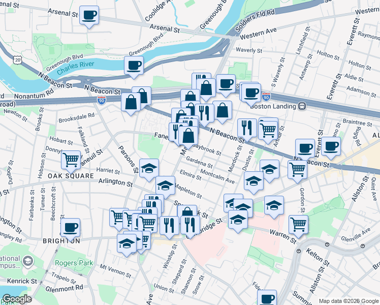 map of restaurants, bars, coffee shops, grocery stores, and more near 1 Cypress Road in Boston