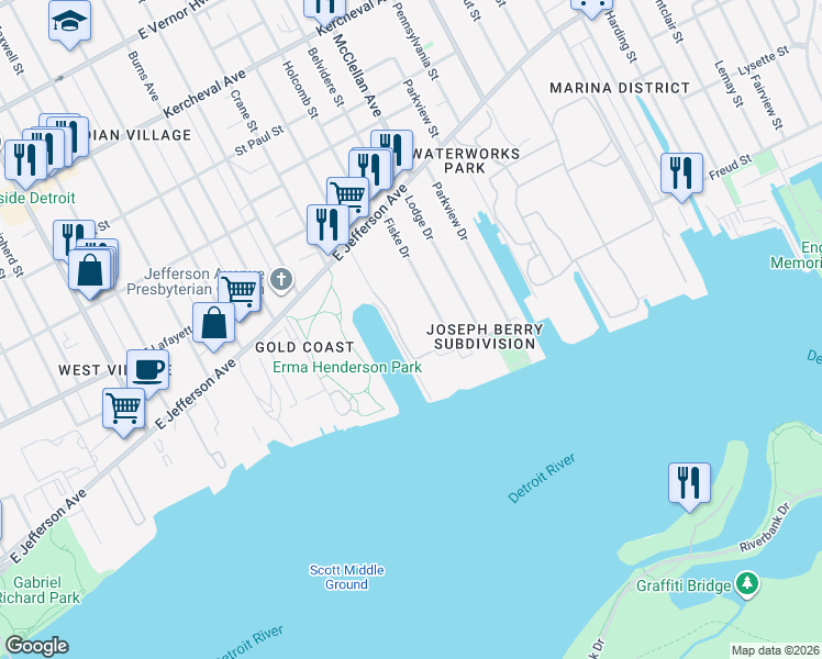 map of restaurants, bars, coffee shops, grocery stores, and more near 8900 East Jefferson in Detroit