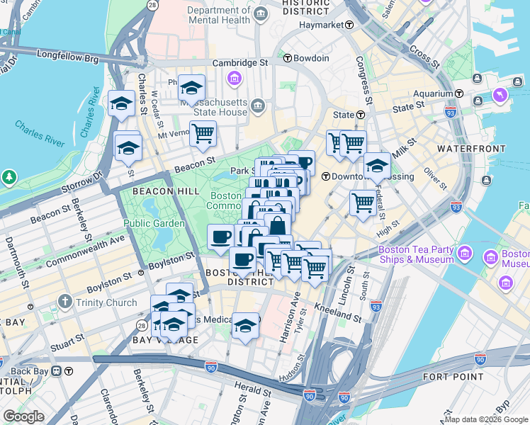 map of restaurants, bars, coffee shops, grocery stores, and more near 165-166 Tremont Street in Boston