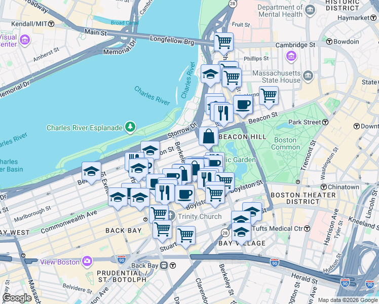 map of restaurants, bars, coffee shops, grocery stores, and more near 62 Marlborough Street in Boston