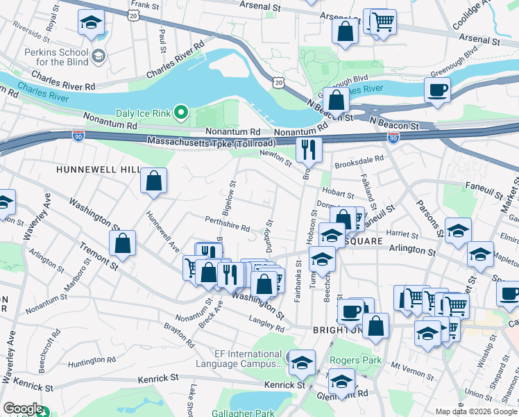map of restaurants, bars, coffee shops, grocery stores, and more near 15-17 Perthshire Road in Boston