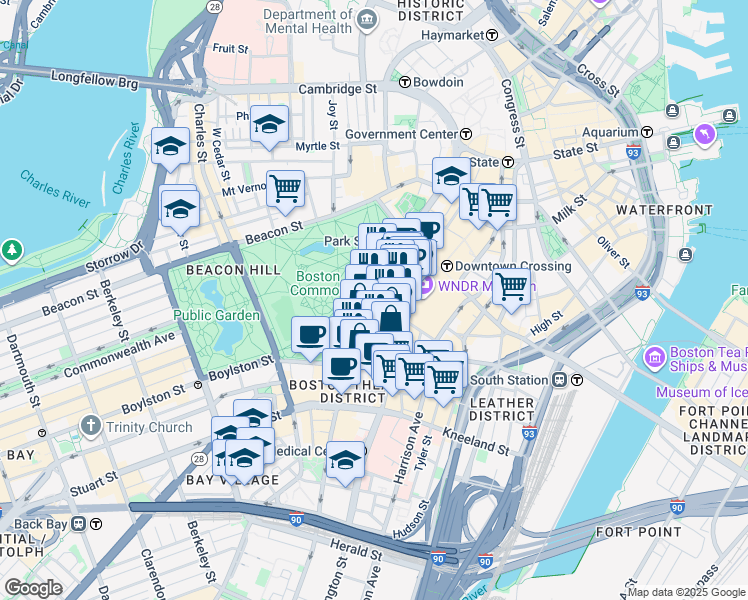 map of restaurants, bars, coffee shops, grocery stores, and more near 151 Tremont Street in Boston