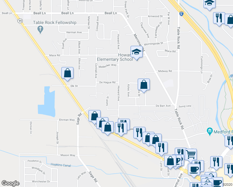 map of restaurants, bars, coffee shops, grocery stores, and more near 2573 Howard Avenue in Medford