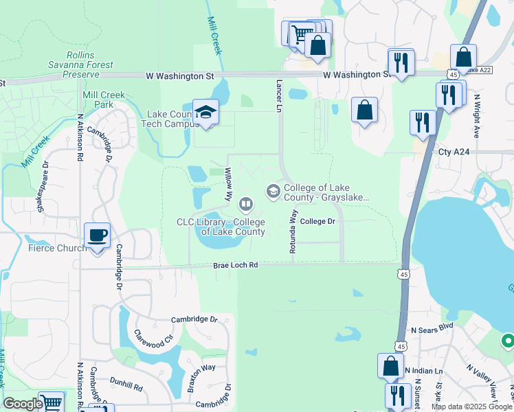 map of restaurants, bars, coffee shops, grocery stores, and more near in Grayslake