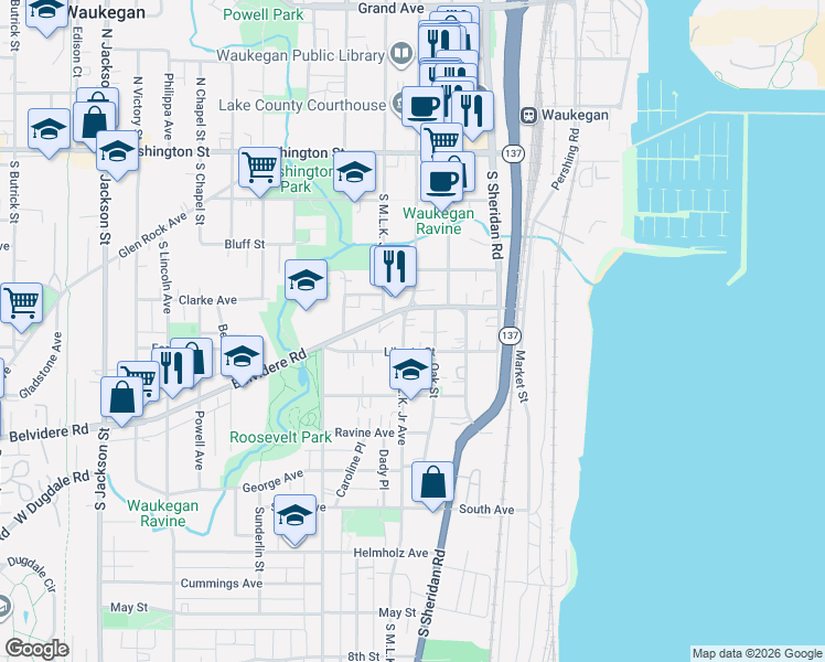 map of restaurants, bars, coffee shops, grocery stores, and more near 317 South Martin Luther King Junior Avenue in Waukegan