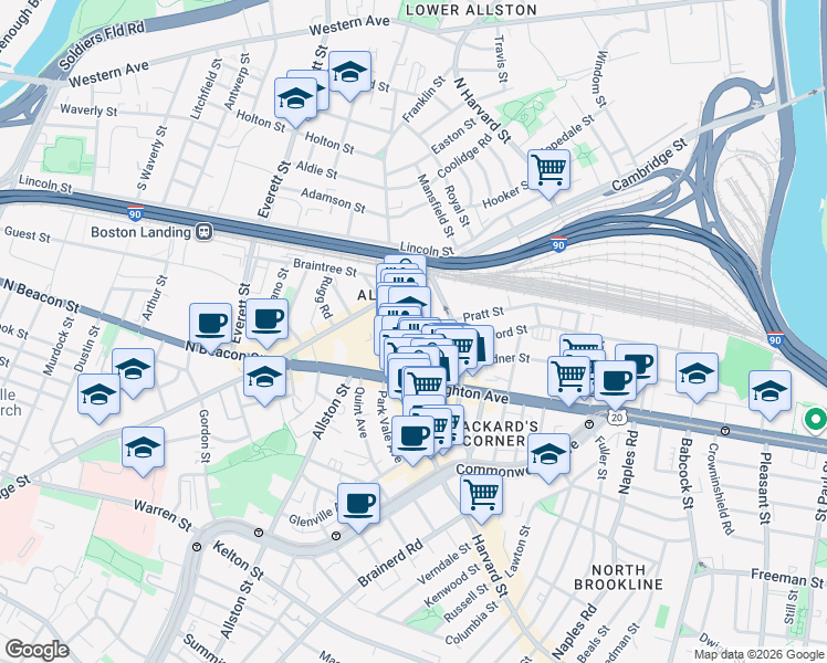 map of restaurants, bars, coffee shops, grocery stores, and more near 9 Farrington Avenue in Boston