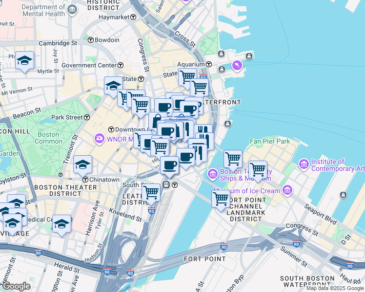 map of restaurants, bars, coffee shops, grocery stores, and more near 137-139 Pearl Street in Boston