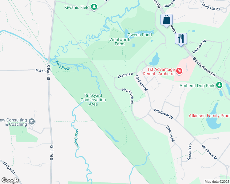 map of restaurants, bars, coffee shops, grocery stores, and more near 35 Hop Brook Road in Amherst