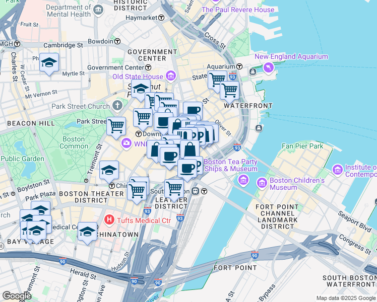map of restaurants, bars, coffee shops, grocery stores, and more near 150 Federal Street in Boston