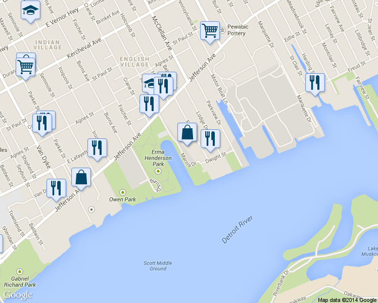 map of restaurants, bars, coffee shops, grocery stores, and more near 8900 East Jefferson in Detroit