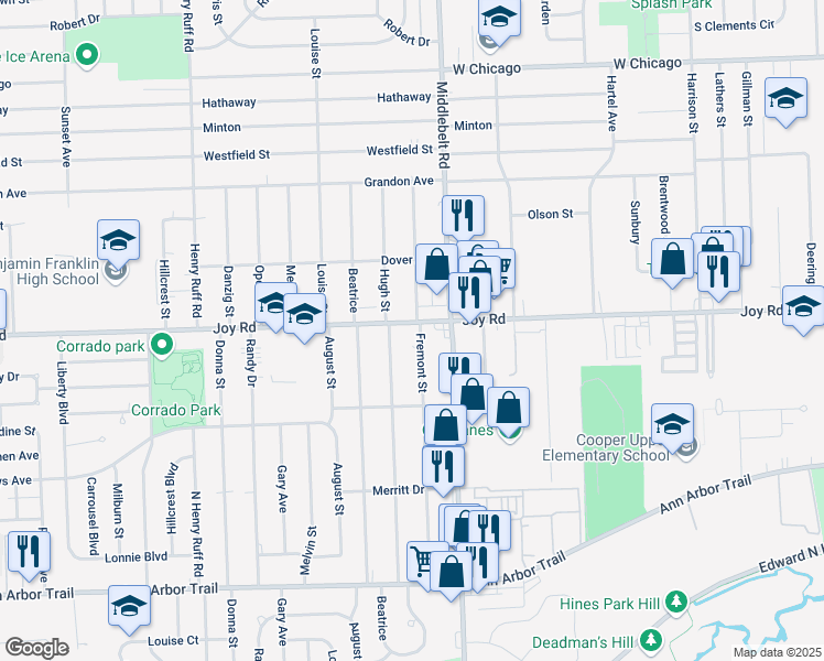 map of restaurants, bars, coffee shops, grocery stores, and more near 8711 Fremont Street in Westland